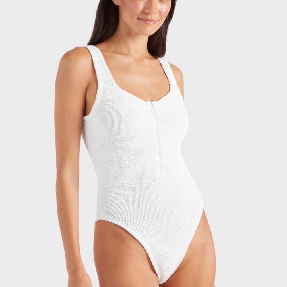Hunza G White Textured Zip-Front One-Piece Swimsuit